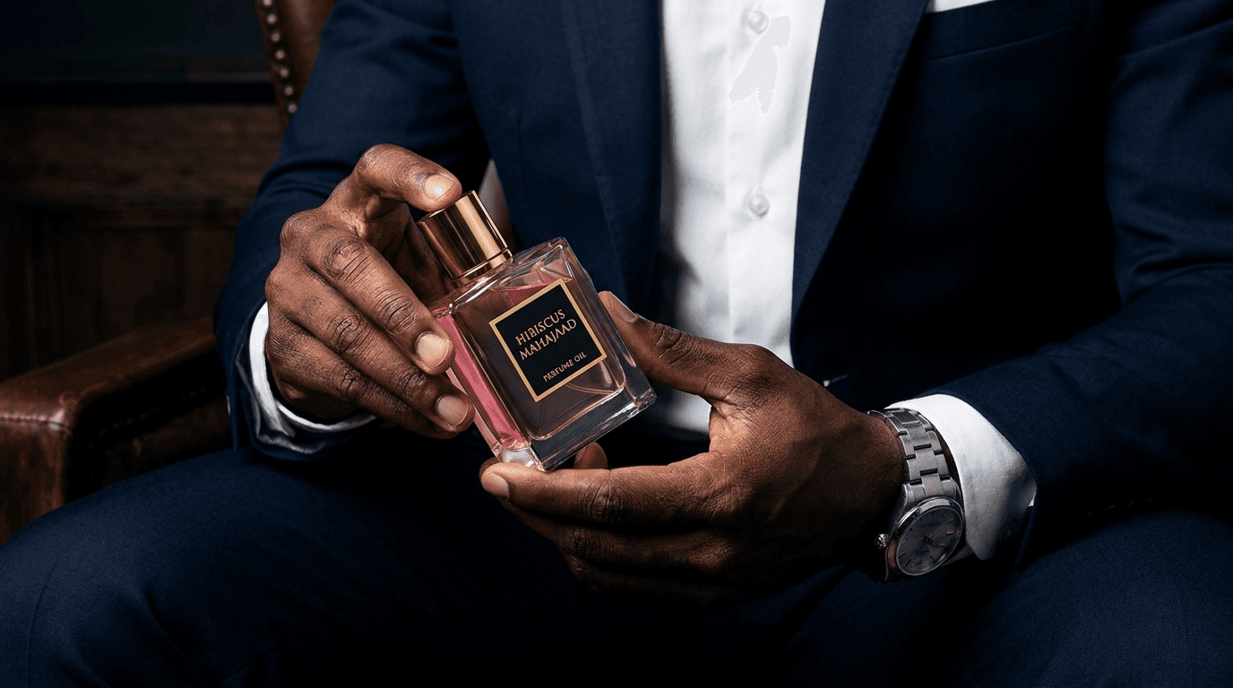 Hibiscus Mahajaad perfume oil, held in hand